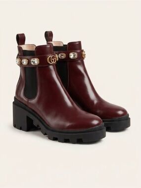 Gucci Trip Crystal Strap Lug Sole Chelsea Ankle Boots Bordeaux Burgundy 40.5